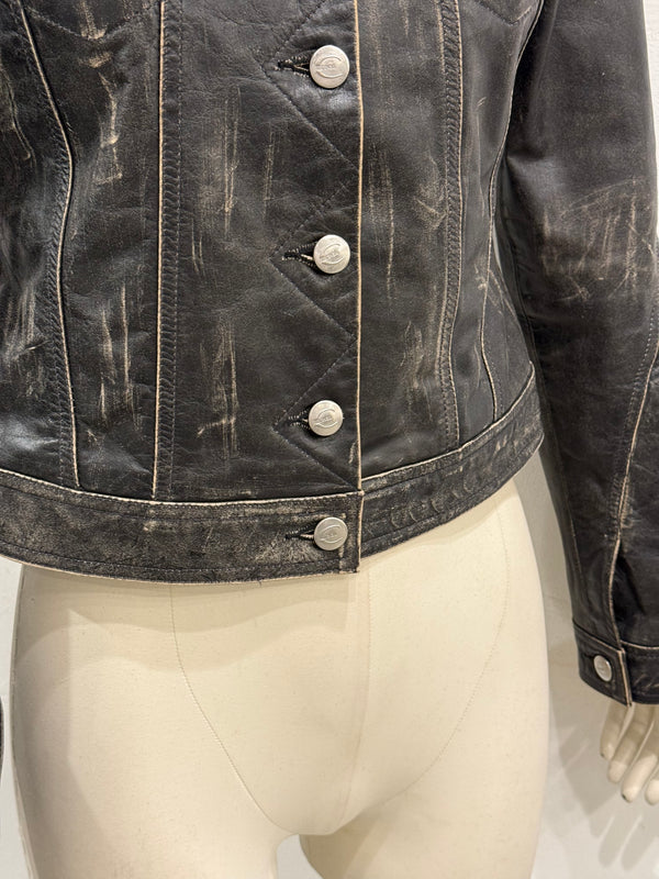 2000S Roberto Cavalli faded distressed leather jacket