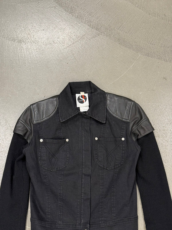 2000s Plein Sud hybrid biker denim jacket with leather shoulders
