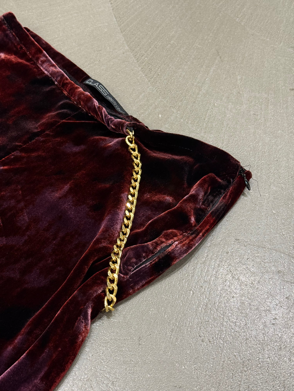Roberto Cavalli burgundy velvet flared pants with chain detail