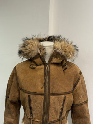 A/W2003 Roberto Cavalli cropped shearling aviator jacket with fox fur hood