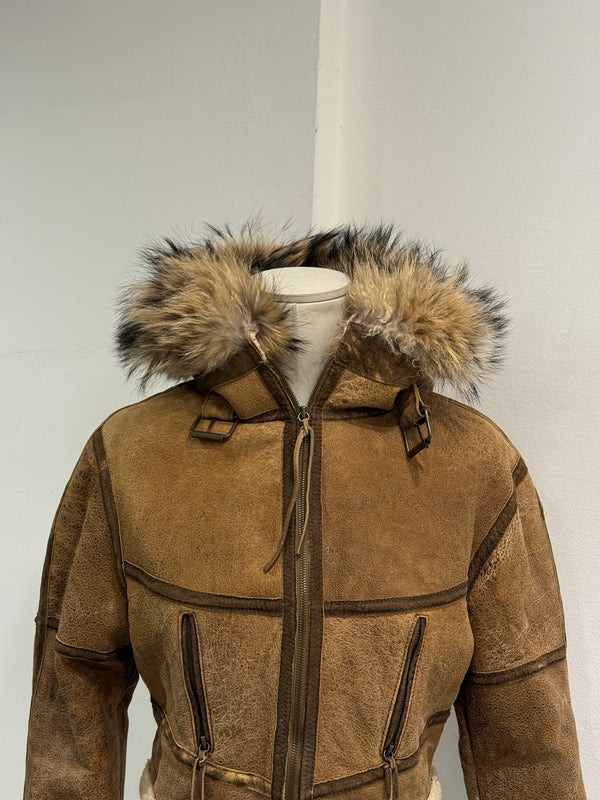 A/W2003 Roberto Cavalli cropped shearling aviator jacket with fox fur hood