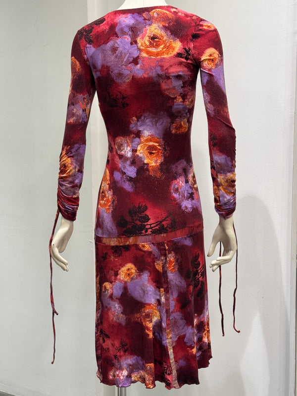 2000s Roberto Cavalli floral lace up midi dress