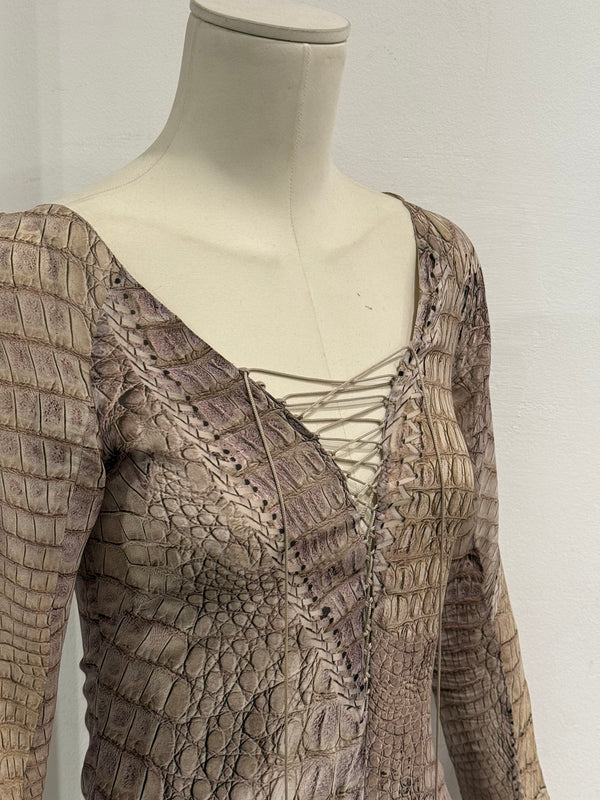 S/S2011 Roberto Cavalli silk crocodile print lace-up fringe dress