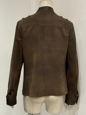 2000s Miu Miu burned distressed military leather jacket