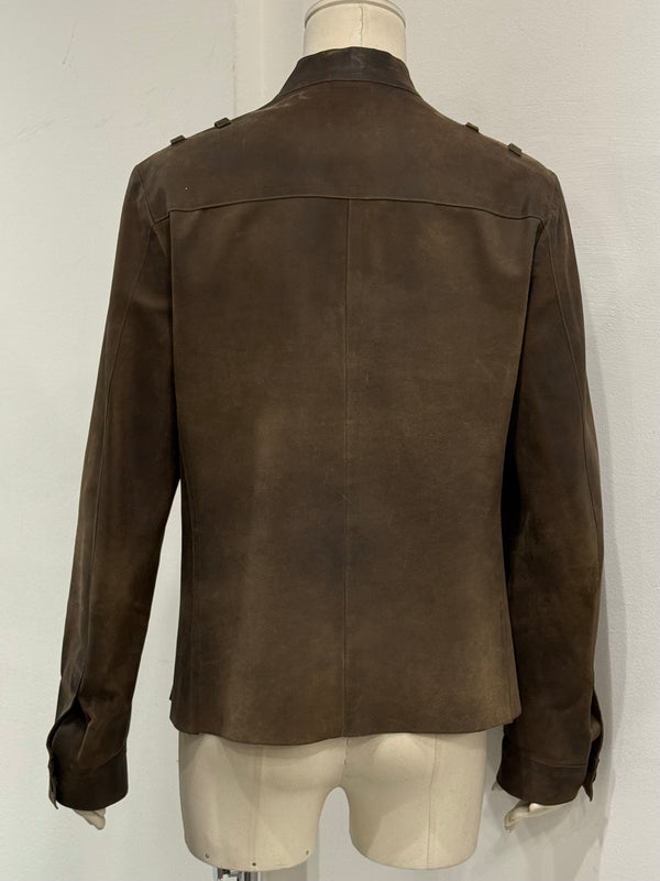 2000s Miu Miu burned distressed military leather jacket
