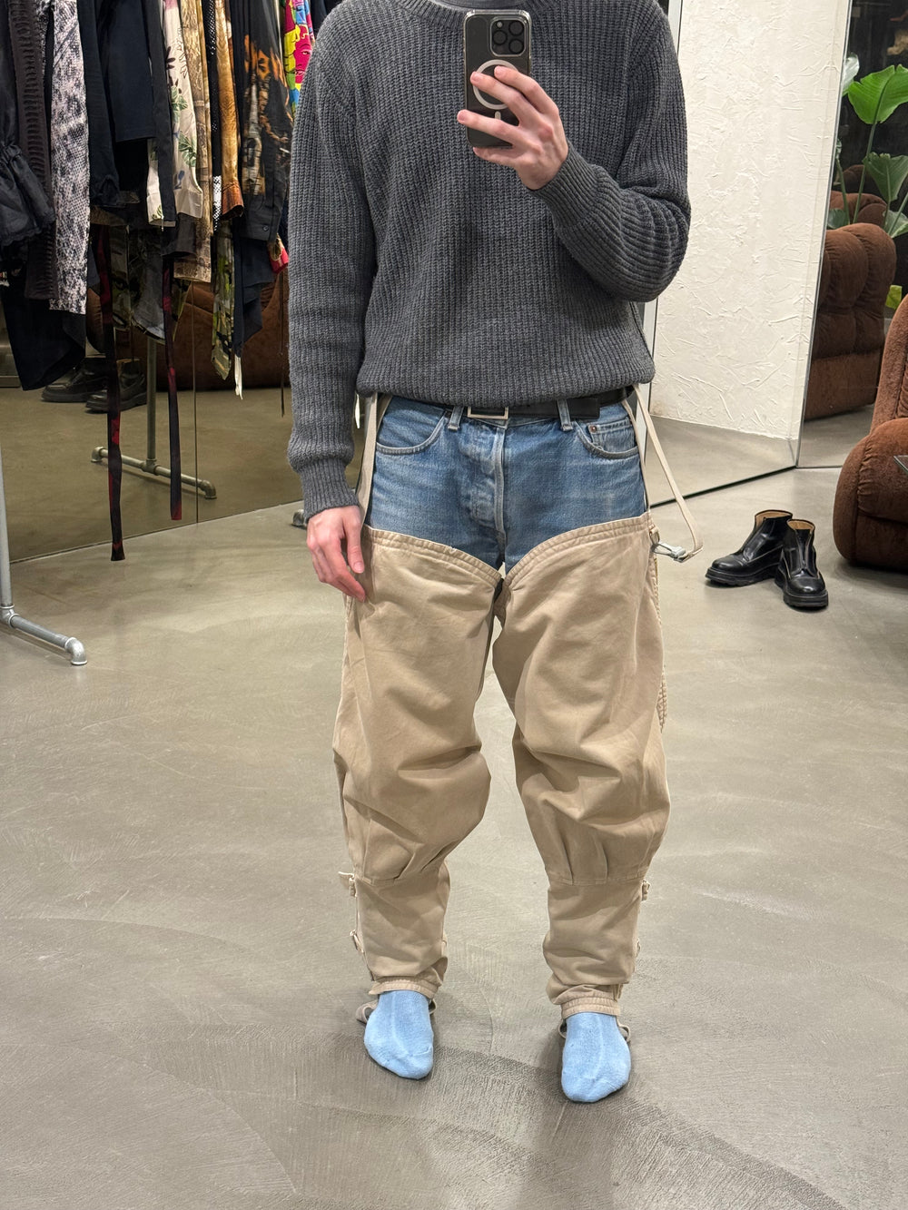 1990s Armani aviator chaps over pants