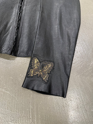 Roberto Cavalli gold butterfly embroidery leather jacket