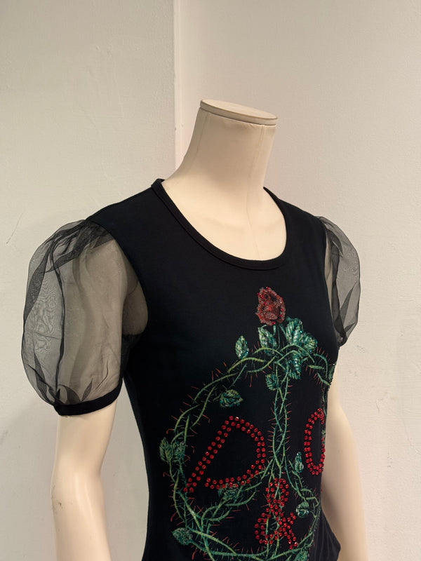 2001 Dolce & Gabbana rose graphic and tulle sleeve t-shirt