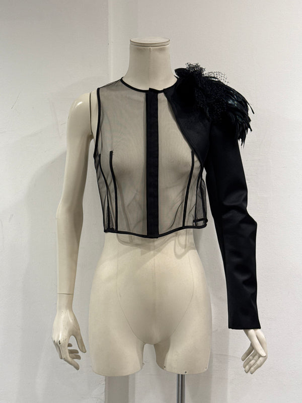 A/W 2004 Comme des Garçons runway feather shoulder mesh top