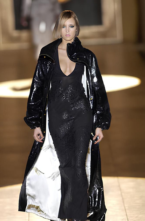 A/W2002 Roberto Cavalli runway leather floral patches sheer dress