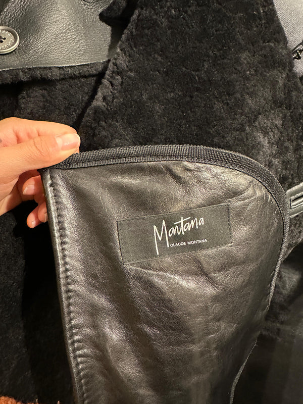 1980s Claude Montana black shearling leather coat