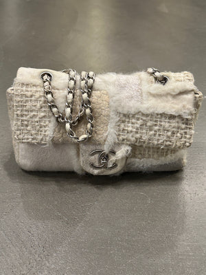 2010 Chanel shearling tweed patchwork flap bag