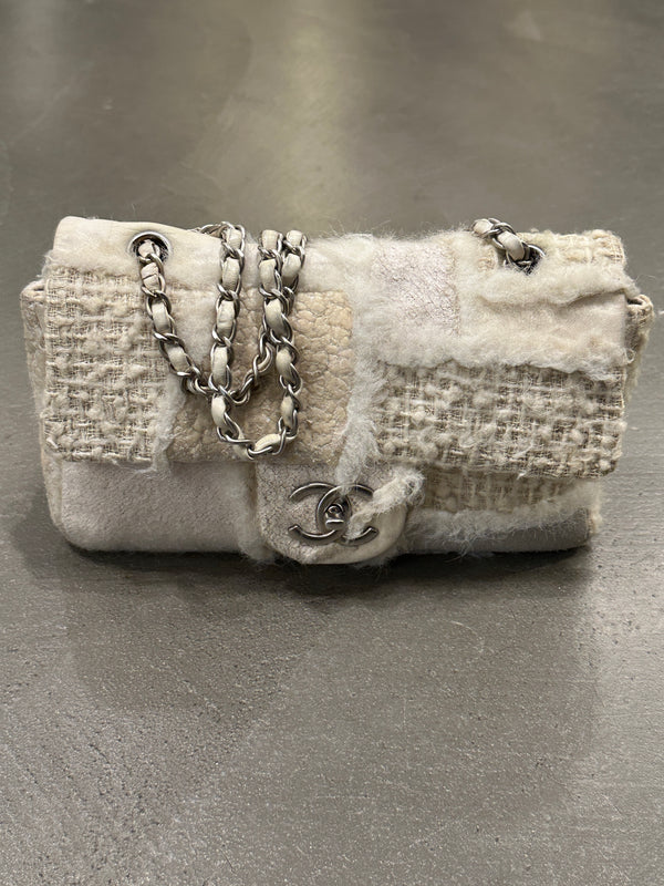 2010 Chanel shearling tweed patchwork flap bag