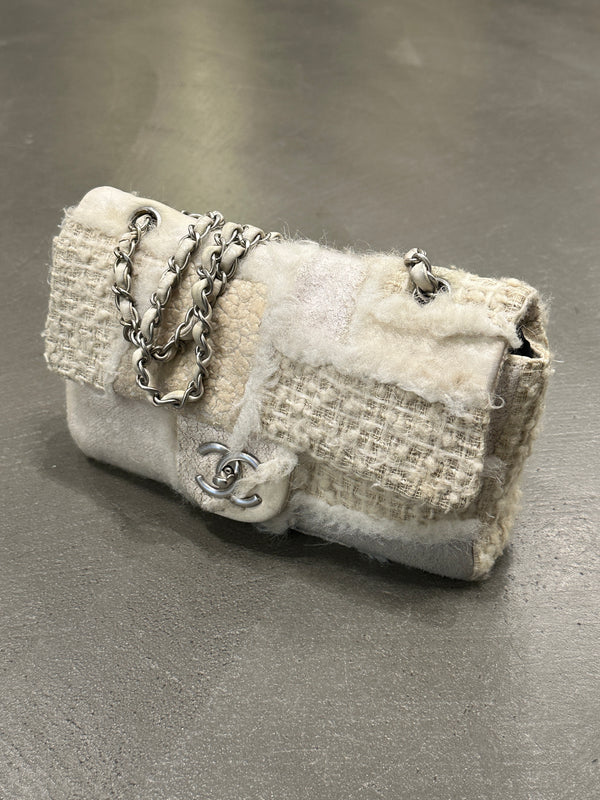 2010 Chanel shearling tweed patchwork flap bag