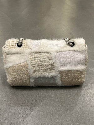 2010 Chanel shearling tweed patchwork flap bag