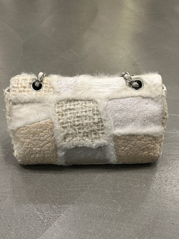 2010 Chanel shearling tweed patchwork flap bag