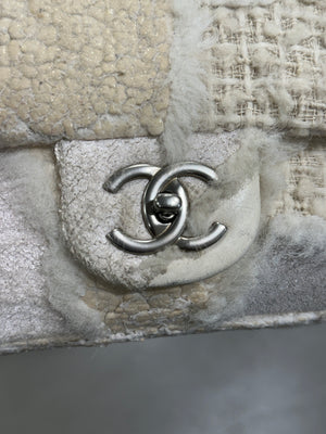 2010 Chanel shearling tweed patchwork flap bag