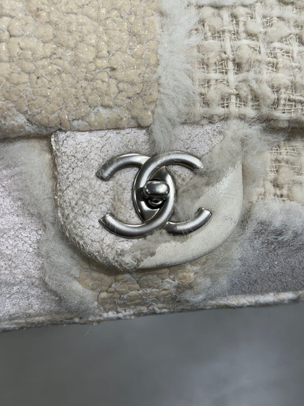 2010 Chanel shearling tweed patchwork flap bag