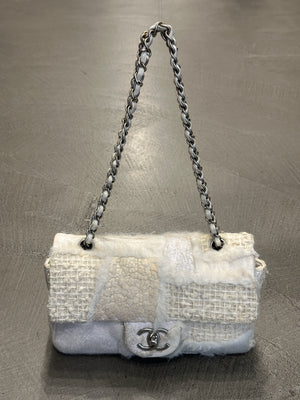 2010 Chanel shearling tweed patchwork flap bag