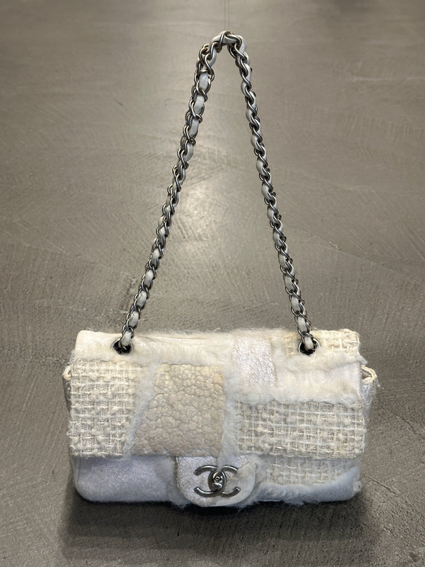 2010 Chanel shearling tweed patchwork flap bag