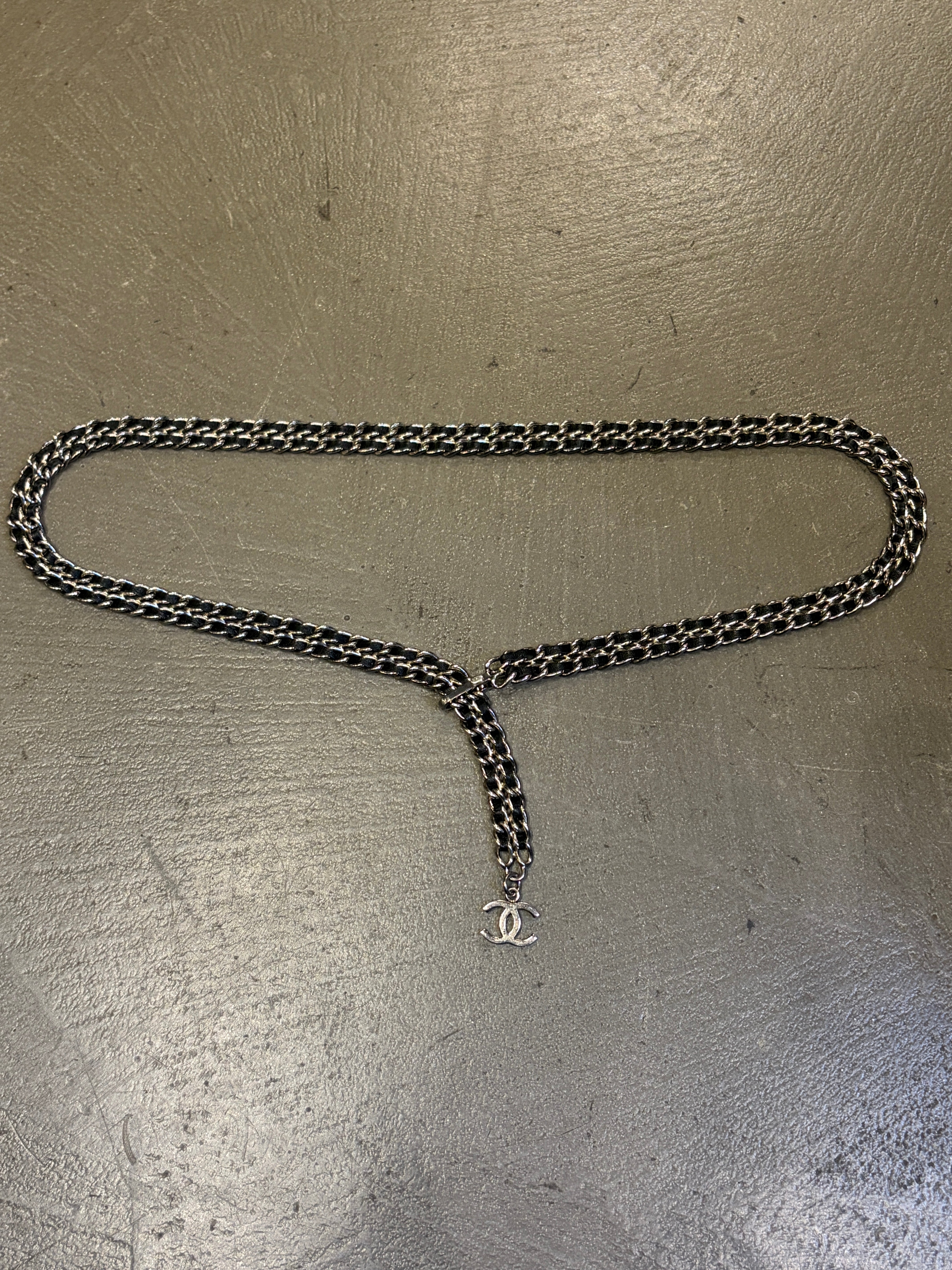 2000s Chanel leather and chain belt with CC charm