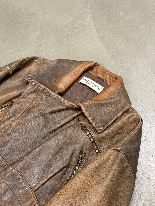 A/W1992 Dolce & Gabbana belted waist cropped aviator leather jacket