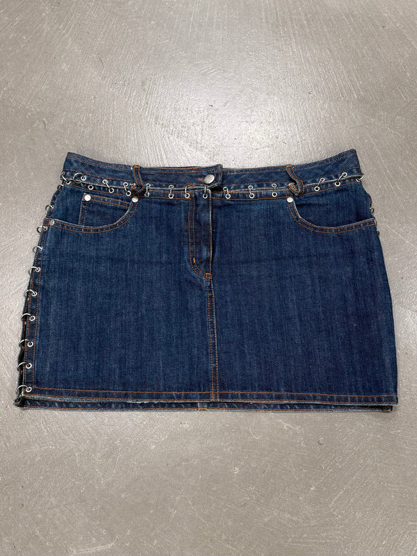 2000s Jean Paul Gaultier pierced patchwork denim mini skirt