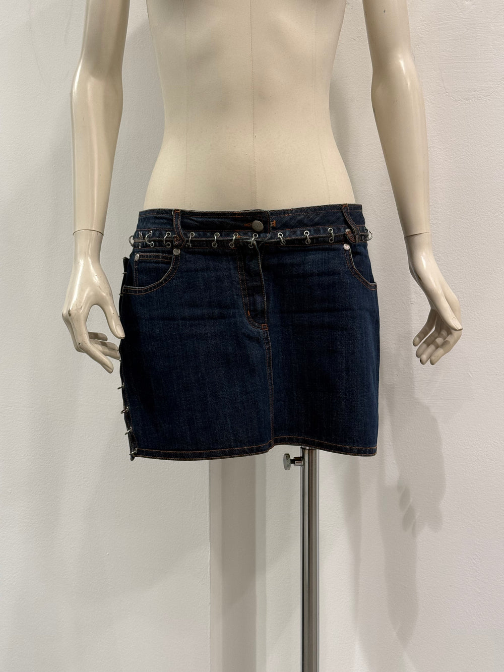 2000s Jean Paul Gaultier pierced patchwork denim mini skirt