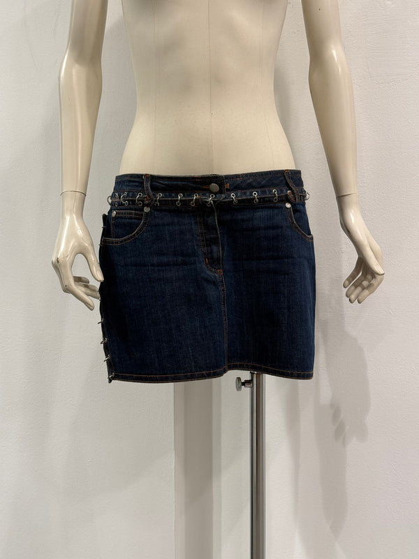 2000s Jean Paul Gaultier pierced patchwork denim mini skirt
