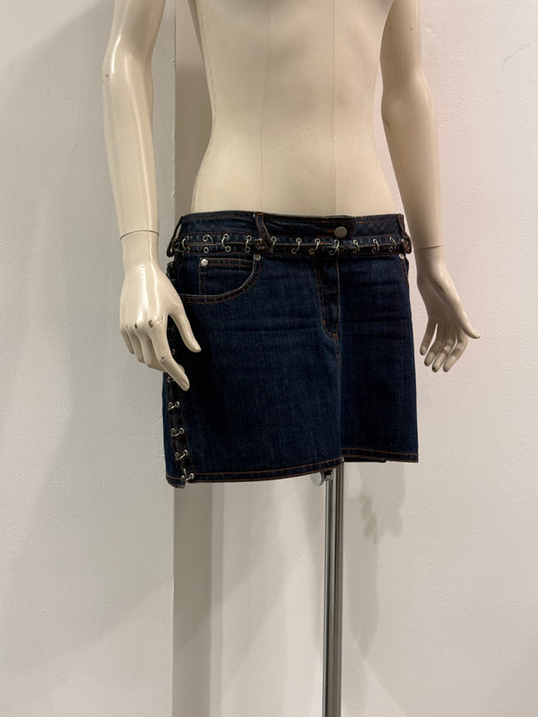 2000s Jean Paul Gaultier pierced patchwork denim mini skirt