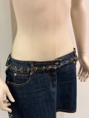 2000s Jean Paul Gaultier pierced patchwork denim mini skirt