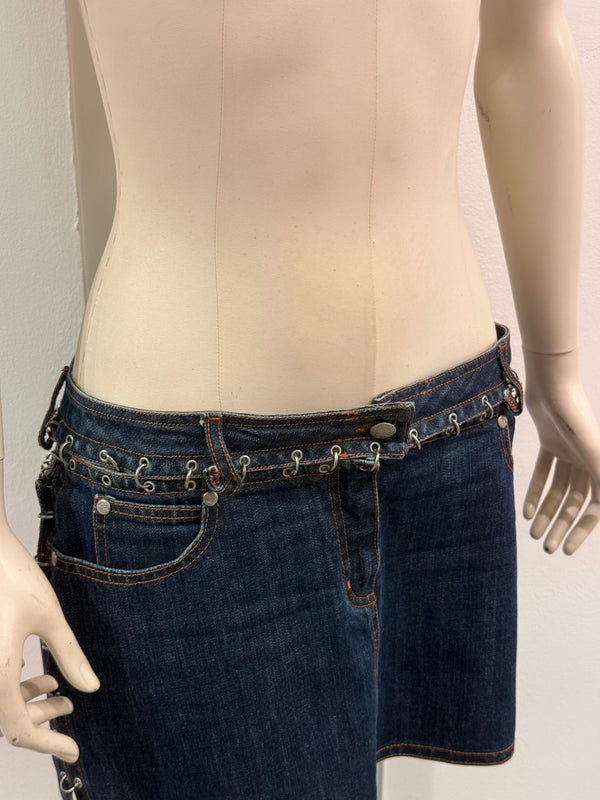 2000s Jean Paul Gaultier pierced patchwork denim mini skirt