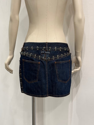 2000s Jean Paul Gaultier pierced patchwork denim mini skirt