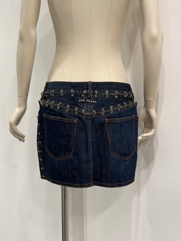 2000s Jean Paul Gaultier pierced patchwork denim mini skirt