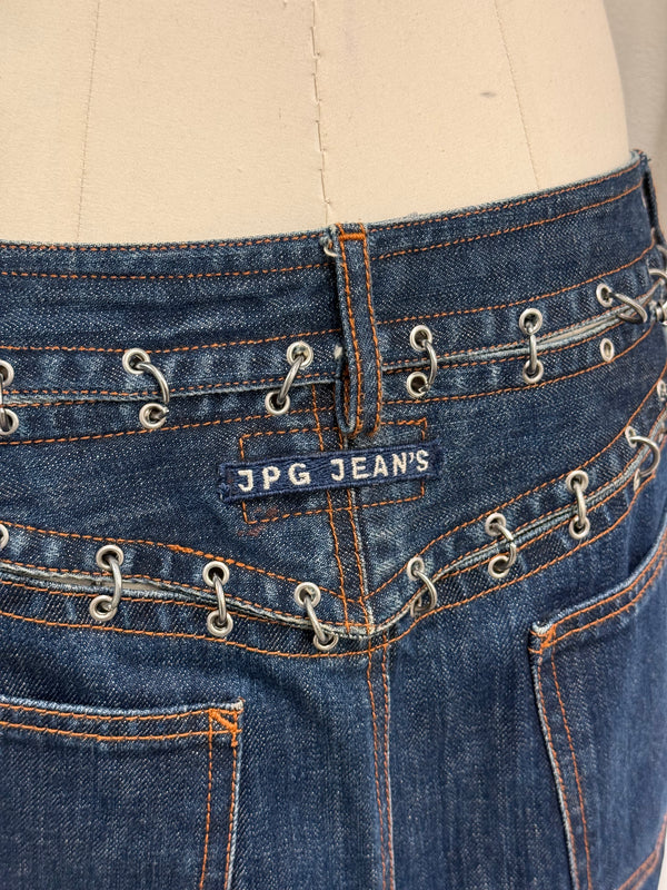 2000s Jean Paul Gaultier pierced patchwork denim mini skirt