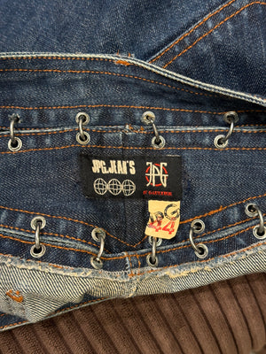 2000s Jean Paul Gaultier pierced patchwork denim mini skirt