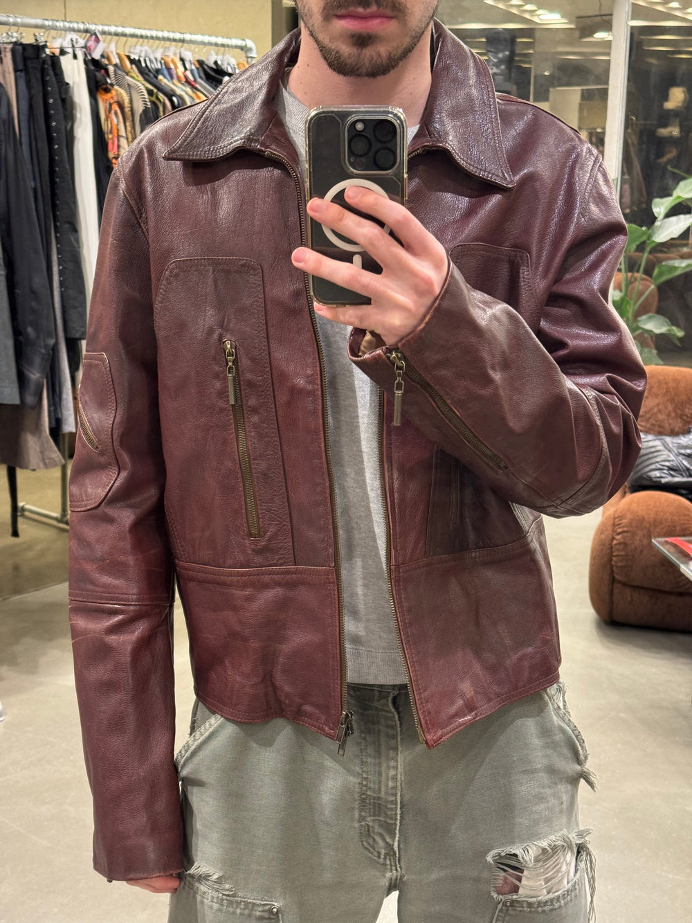 2004 Roberto Cavalli faded zipper leather jacket