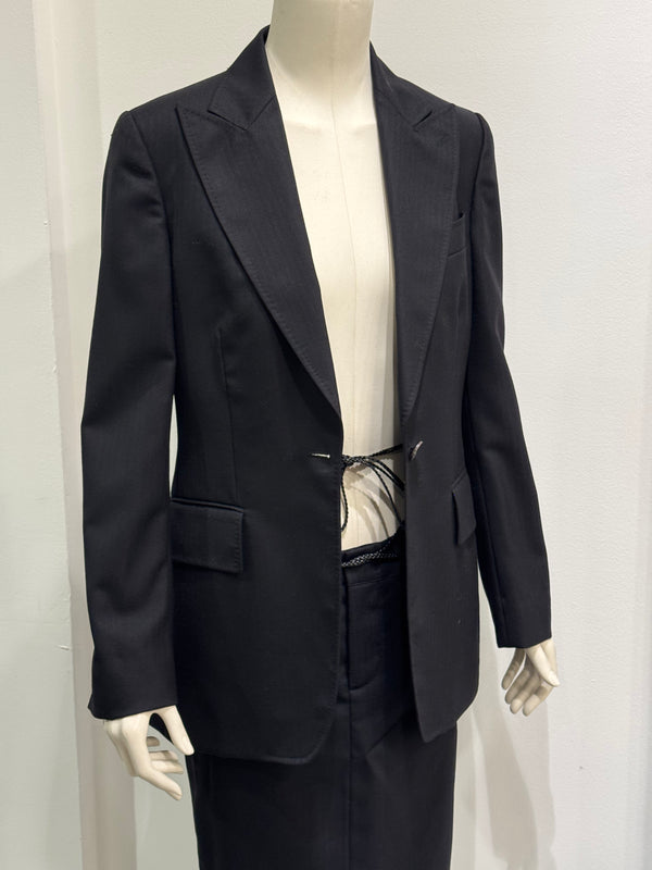 A/W2002 Gucci by Tom Ford blazer and skirt set with leather cord
