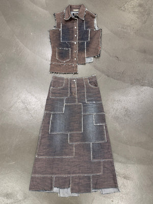 2000s Jean Paul Gaultier denim patchwork set (top + long skirt)