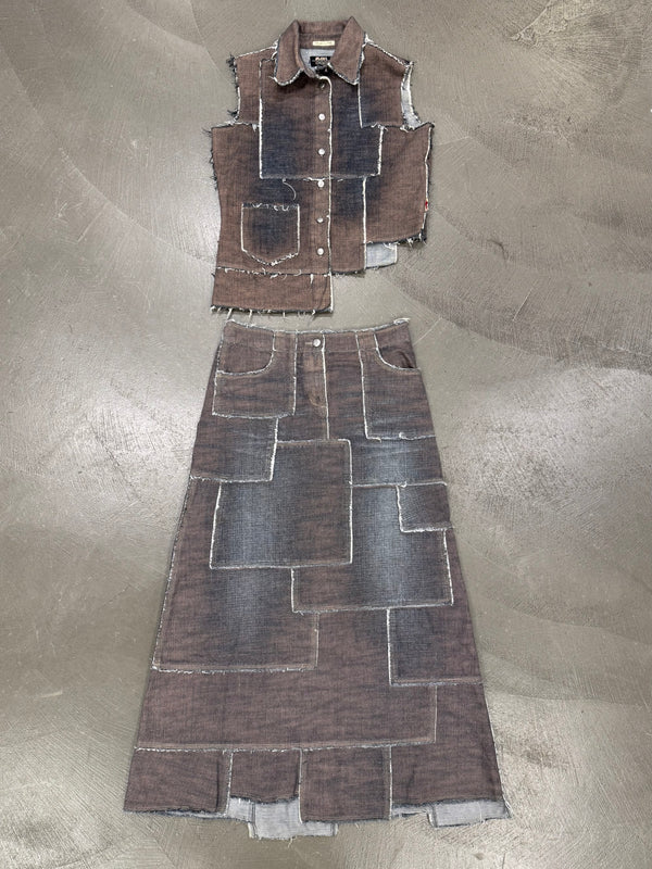 2000s Jean Paul Gaultier denim patchwork set (top + long skirt)