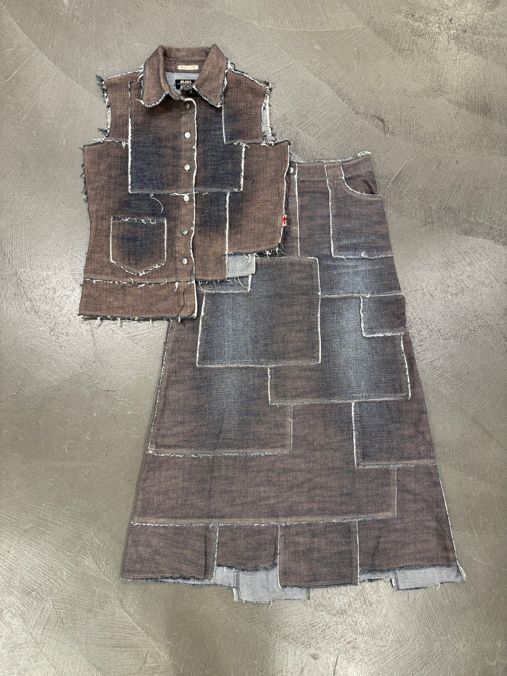 2000s Jean Paul Gaultier denim patchwork set (top + long skirt)