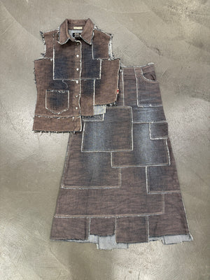 2000s Jean Paul Gaultier denim patchwork set (top + long skirt)
