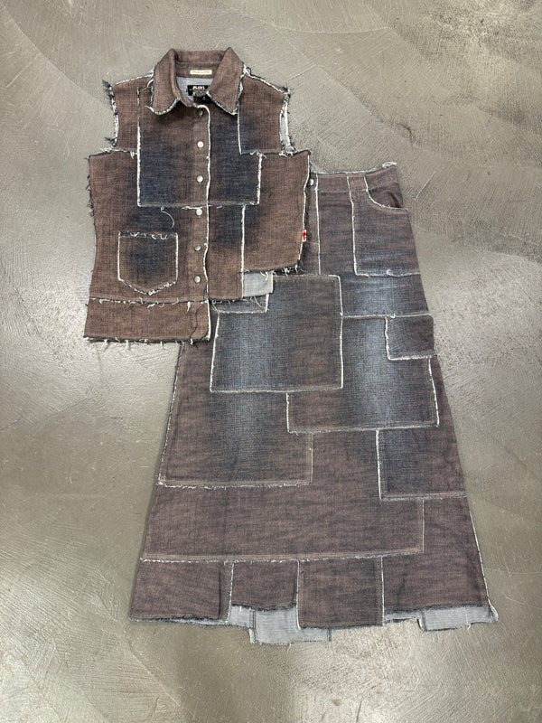 2000s Jean Paul Gaultier denim patchwork set (top + long skirt)