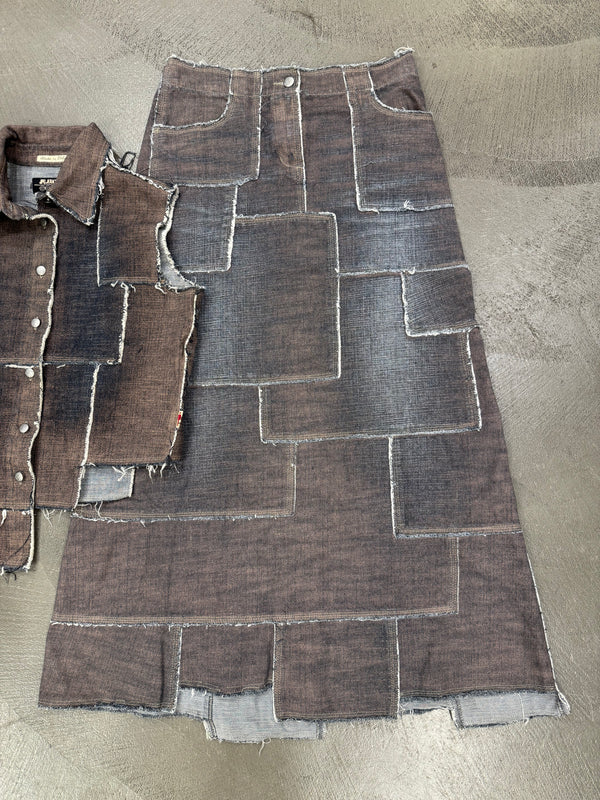 2000s Jean Paul Gaultier denim patchwork set (top + long skirt)