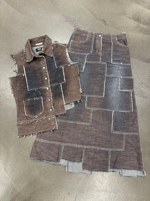 2000s Jean Paul Gaultier denim patchwork set (top + long skirt)