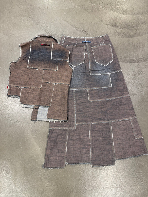 2000s Jean Paul Gaultier denim patchwork set (top + long skirt)