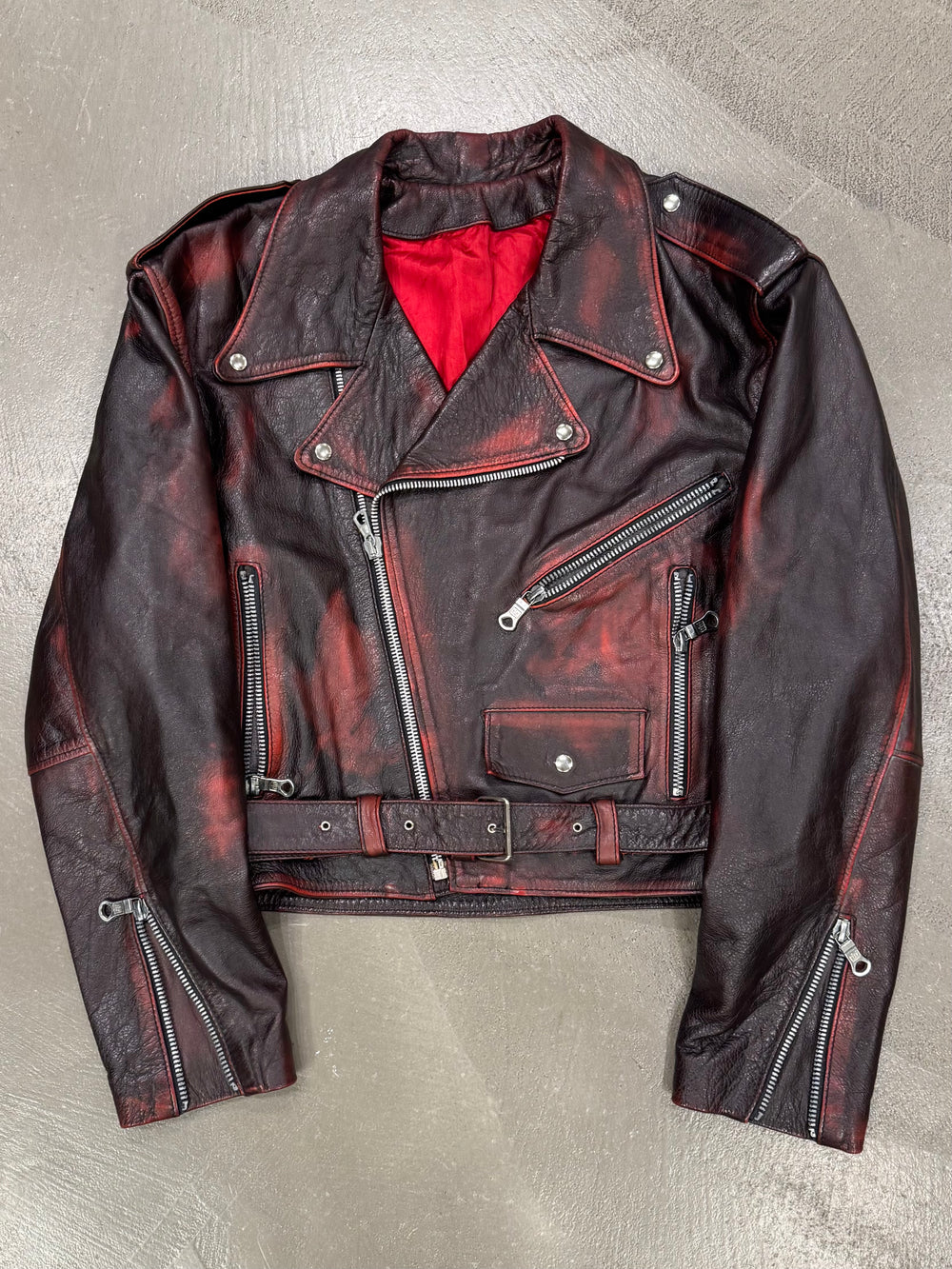 1980s Gianni Versace red-black distressed leather biker jacket