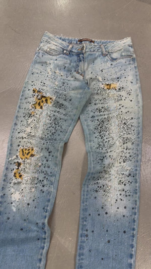 Roberto Cavalli distressed leopard patch glitter embellished jeans