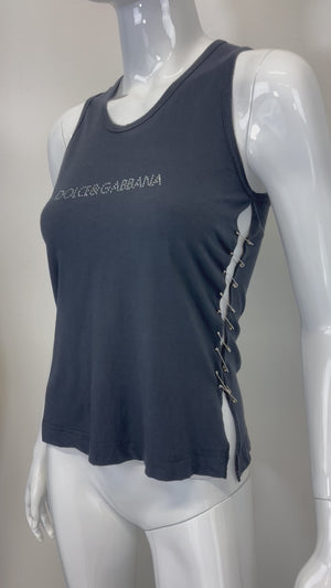 S/S 2001 Dolce & Gabbana Safety Pin Rhinestone Swarovski Logo Tank Top