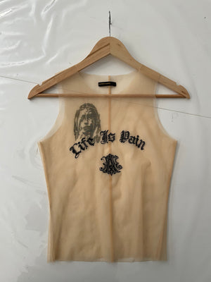 AW1996 Alexander McQueen "life is pain" sheer tank top